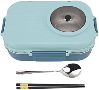 Thermal Lunch Containers, 4 Compartments Insulated Lunch Box Portable Bento Box with Spoon, Chopsticks and Soup Bowl for School Office Picnic(Blue)