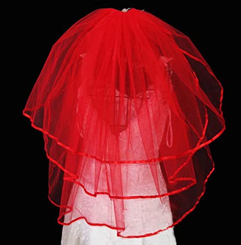 Cenast Women's Short Wedding Veils With Comb 3 Tier Halloween Tulle Bridal Veil Red #TOP1