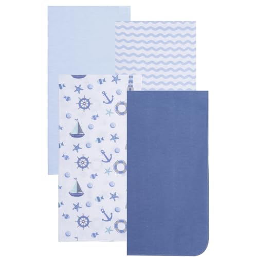 Image of EVERYDAY KIDS 4 Pack of Soft Flannel Receiving Baby Blanket Set for Boys; Blue Baby Swaddle Blankets for Newborn Baby Boy Nursery with Ocean Animals, Sailboats, Lighthouses, Wavy Stripes Prints