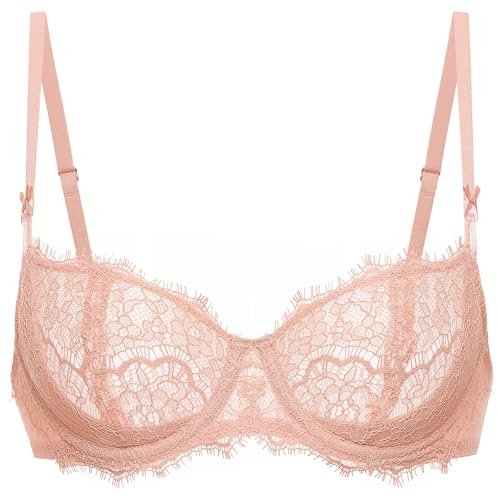 Image of DOBREVA Women's Eyelash Lace Balconette Bra Plus Size | Jomarley Lace, Underwire, Unlined, Push up, See Through, Convrtible Straps, Sexy