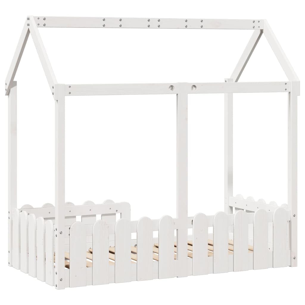 Bett aus Massivholz, weiß, 70 x 140 cm, für Kinder | Massives Kiefernholz, niedriger Boden, Sicherheitsgeländer, selbstöffnende Decke, Lattenfuß