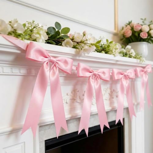 Image of 2 Pcs Pink Bow Garland Banner, Pre-Strung Pink Satin Ribbon Bow Garland Coquette Birthday Decorations for Classroom Decor Wedding Birthday Baby Shower