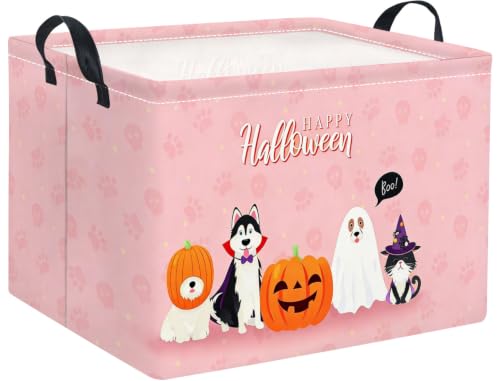 Image of Halloween Basket Cute Baskets for Kids Pumpkin Basket Rectangular Storage Bin Organizer Box Room Decor(Pink Dog Halloween)
