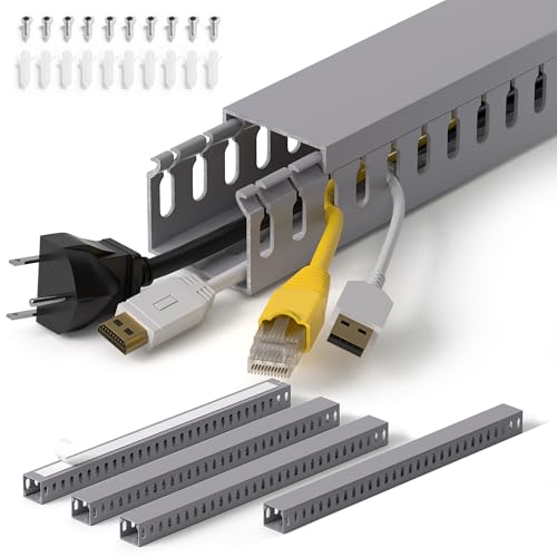 Image of 1.4 inchH x 1.6 inchW Cable Raceway, 66in Under Desk Wire Management Channel, Grey | Slotted Wire Duct, 4Pack, 16.5in Each, Heavy-Duty PVC Cable Management for Server Racks, Network Cables & Electrical Cabinets