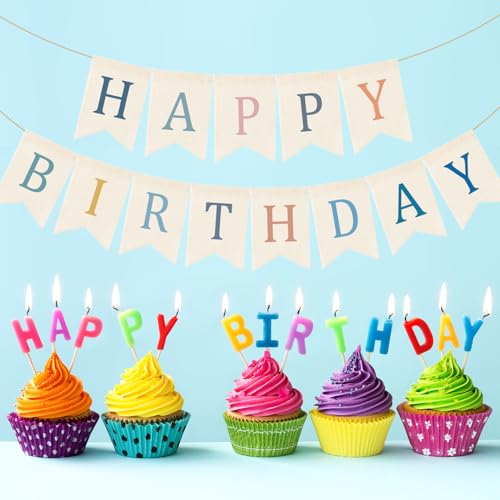 Image of Doumeny Happy Birthday Burlap Banner Boho Birthday Bunting Garland Blue Pink Bohemian Party Sign Flag Colorful Happy Birthday Bunting Banner Rustic Birthdays Garland Flag for Wall Home Porch Door