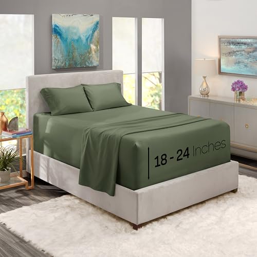 Image of Nestl King Size Sheet Set, 4 Piece Extra Deep Pocket (18-24 inches), Microfiber, Hotel Luxury, Soft, Breathable, Wrinkle-Free, Easy to Care, Olive Green