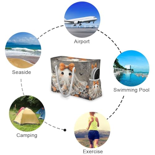 Large Beach Bags Totes Canvas Tote Shoulder Bag Ghost Flower Bow Water Resistant Bags for Gym Travel Daily3