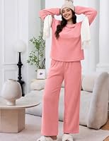 Ekouaer Damen Schlafanzug Lang Fleece Pyjama Set Winter Hausanzug Rosa S – Ansicht 3