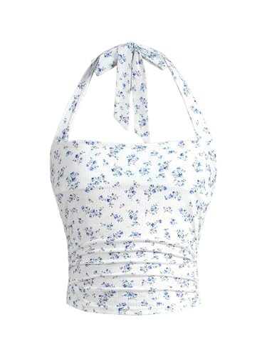 Milumia Girl's Ditsy Floral Halter Top Sleeveless Backless Slim Fitted Tank Tops