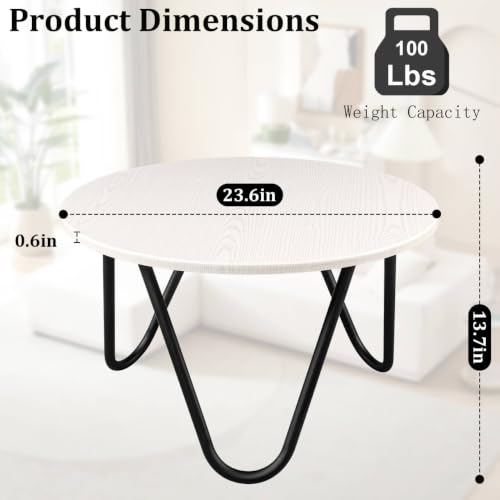 Image of Small Round Coffee Table for Living Room Wooden Circlar Coffee Table with Steel Legs Mid-Century Modern Center Table for Small Space Bedroom Home Office White