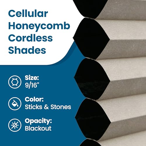 BlindsAvenue Cellular Honeycomb Cordless Shade, 9/16" Single Cell, Blackout, Sticks and Stones, Size: 49" W x 48" H