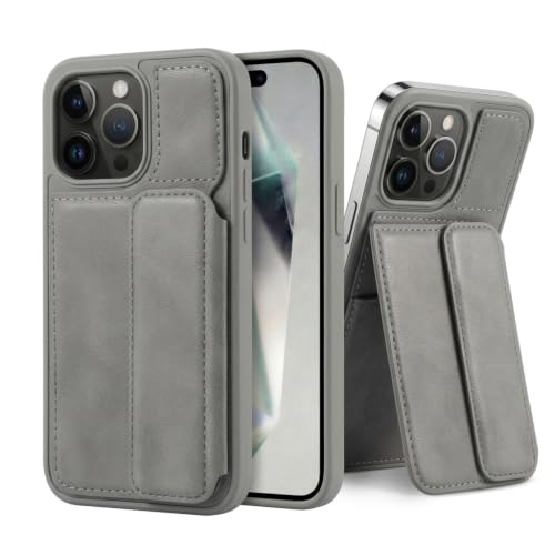 Image of amazon basics Luxury Vegan Leather Back Cover for iPhone 13 Pro | Built-in Card Holder Slot | Integrated Mobile Stand | Slim Shockproof Protective Case with Stitched Finish - Gray