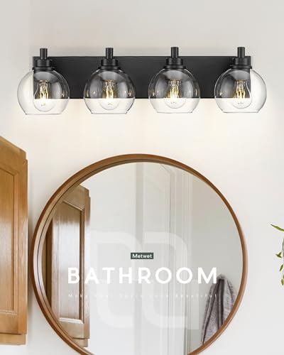 Image of Bathroom Light Fixtures, 4 Light Matte Black Vanity Light, 26 Inch Modern Wall Sconces with Globe Clear Glass Shade, Vanity Lighting Fixtures Over Mirror, VL195-MB-CL-4