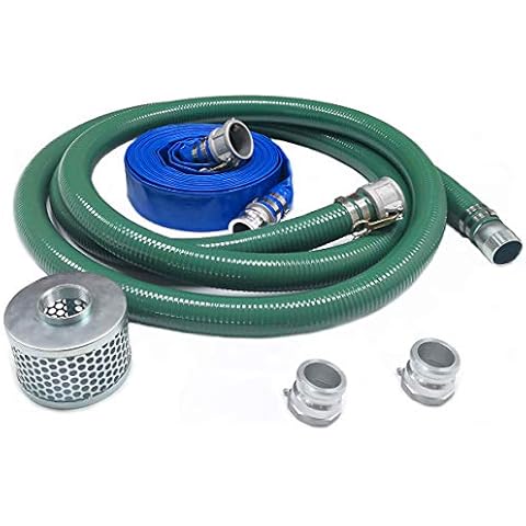 Discharge Hose Pump Kit Includes 2" x 50' Blue PVC Backwash Hose & 2" x 20' Green PVC Suction Hose with Aluminum Camlock Fittings, Steel Round Hole Suction Strainer and Cam and Groove Adapter Cover