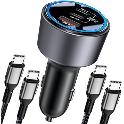 Cigarette Lighter USB C 200W USB C Car Charger 3-Port Car Charger USB C Compatible with iPhone 15/15 Plus/15 Pro/15 Pro Max/14/13/12, MacBook Pro/Air, Surface Pro, Galaxy S24/S23 Cover