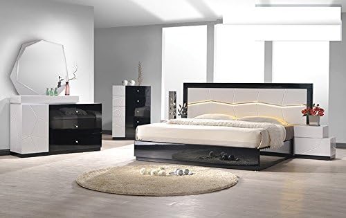 Modern Berlin 4 Piece Bedroom Set Eastern King Size Bed Mirror Dresser Nightstand Black / White Lacquer Headboard Has Mirror & Light Bedroom Furniture