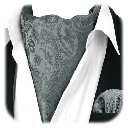 Image of HISDERN Ascot Ties for Men Paisley Floral Ascot and Pocket Square Set Classic Self Tie Mens Cravat Handkerchief for Wedding