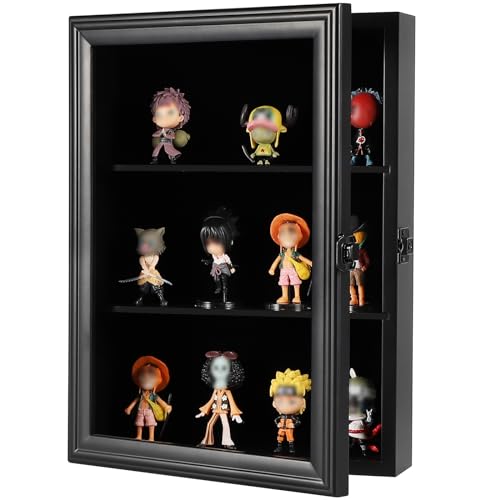 VERANI Action Figure Display Case - Wall Mount Wood Cabinet for Minifigures Action Figures - Lockable Black Lock with Real Glass Door, for Mini Toys,Collections and Stone Rock Black