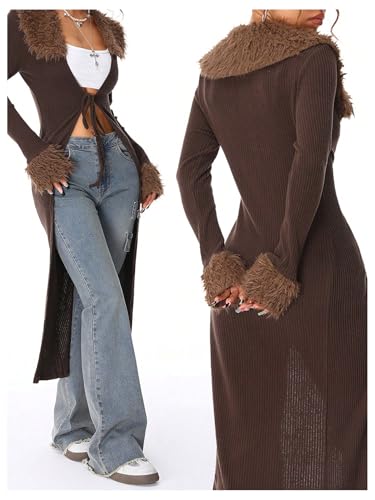 MakeMeChic Women's Contrast Faux Fur Long Sleeve Sweater Tie Front Rib Knitted Long Cardigan4