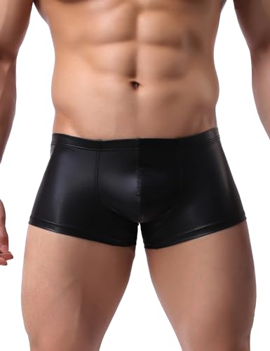 comeondear Mens Lingerie for Straight Men Sexy Faux Leather Boxer Briefs Low Rise Male Thongs Underwear for Men