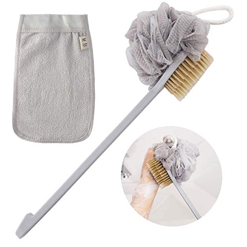 Bath Body Brush Set with Soft Loofah and Bristles, Back Scrubber with Curved Long Handled Shower Brush for Wet or Dry, Women & Men Body, Face and Spa Washing