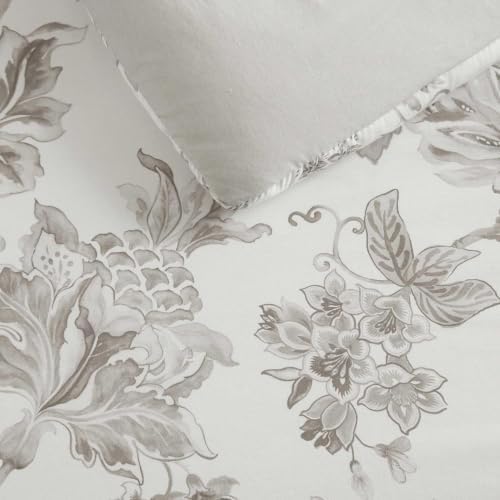 Image of Martha Stewart - Twin Comforter Set, Smooth Sateen Front with Subtle Sheen & Lightweight Cotton Percale Reverse, 2 Piece Bed Set with Matching Pillowcase (Avery Floral Grey)