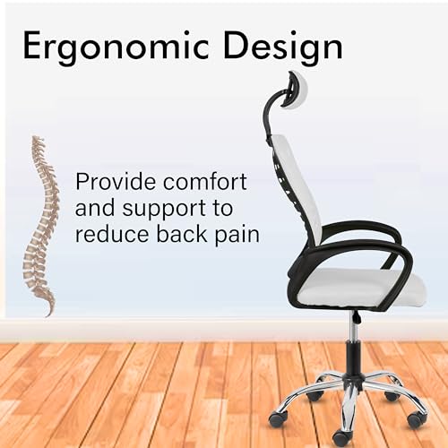 Image of Casa Copenhagen,Mesh Office Desk,Rocking, Ergonomic Computer Chair Adjustable High with Headrest and Comfortable Armrest Swivel Chair - Snow White & Black Handle
