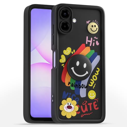 Image of Pikkme Back Cover for Samsung Galaxy F70e 5G | M07 | F07 | A07 | A07 5G | Soft Silicone| Cute Rainbow Smile & 3D Cartoon Flower Design | Shockproof Raised Camera Protection Bumper Case (Black)