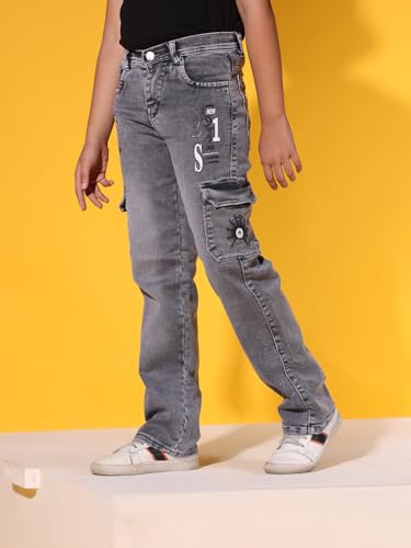 Image of Sky Heights Boy's Solid Cargo Jeans Mid Rise Regular Fit