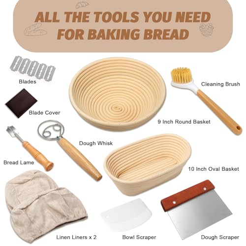 Image of Sourdough Proofing Basket Gift Set, 9 inch Round and 10 inch Oval Banneton Bread Baking Supplies, Sourdough Baskets with Bread Lame, Danish Whish, Bowl Scraper, Sourdough Scraper, and Linen Liner