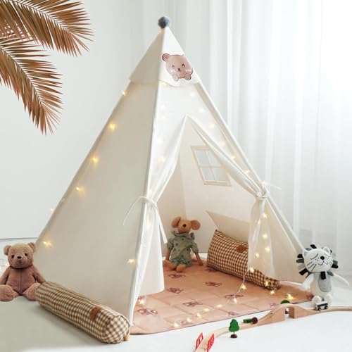 Image of RongFa Teepee Tent for Kids-Portable Children Play Tent Indoor Outdoor (White with Mat)