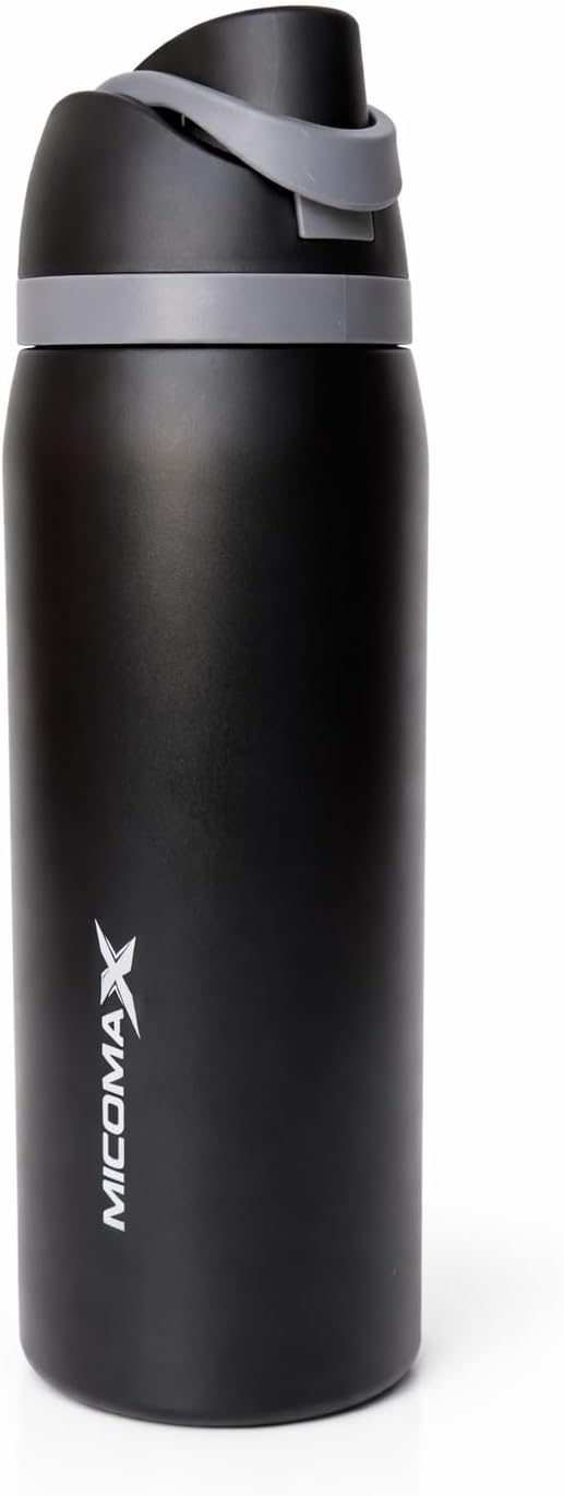 Insulated Water Bottle 32oz, Stainless Steel, Leakproof Flip-Top Lid with Straw, Double Wall Vacuum, BPA Free, Sports Bottle for Gym, Travel & Daily Use (Midnight Black, 32 oz)