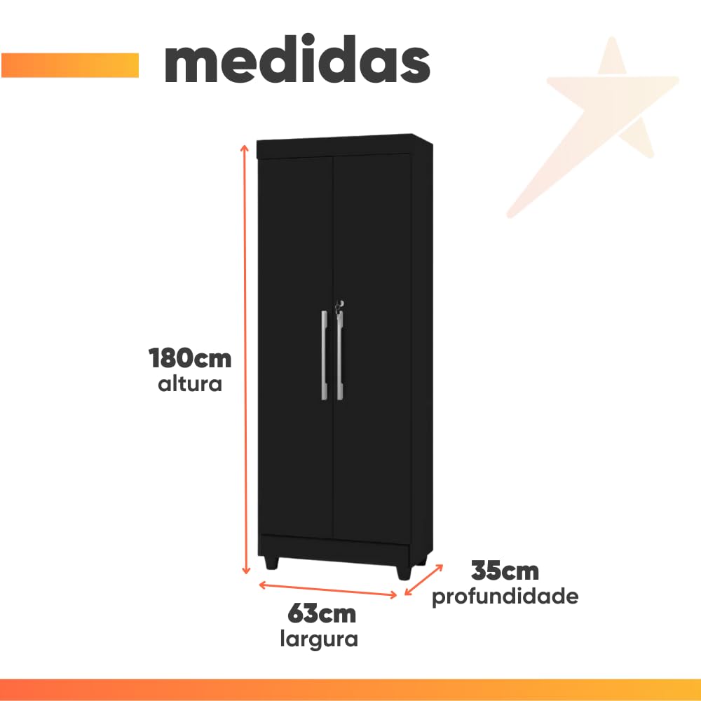 Armário Multiuso Lavanderia Com Chave 2 Portas 1,80m Texas Preto