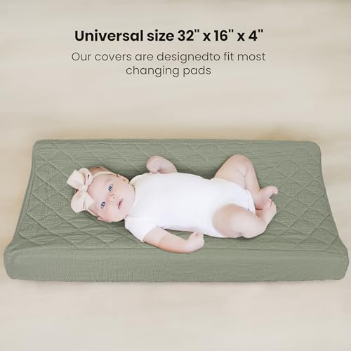 Image of Konssy Waterproof Muslin Changing Pad Cover 2 Pack, Quilted Cotton Fitted Diaper Chang Table Cover, Soft Changing Pad Sheets for Girls Boys (Fog Green,Cream)