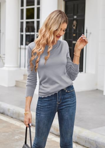 Image of GRACE KARIN Long Sleeve Fall Sweaters for Women Trendy Business Casual Tops | Fashion Clothes,Classic Pullover Shirt,Crew Neck,Scalloped,Lightweight,Soft Comfy,Fitted,Knit,Stretchy,Winter Layer Clothing