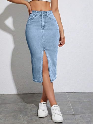 Image of Tagas Women High Waist Denim Midi Skirt with Front Slit | Stretchable Bodycon Pencil Skirt | Casual & Stylish Knee Length Skirt