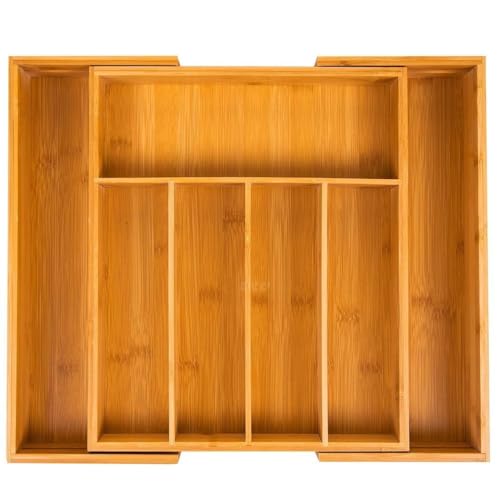 Cubertero Cajón Bambú 5-7 Divisiones, Organizador Cubiertos y Utensilios Madera, con cajón retráctil para Cubiertos de Cocina, Color Natural
