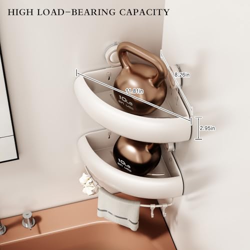 CICUFY Shower Caddy Suction Cup, 1 Pack No Drilling Corner Shower Shelves, Rust Proof Bathroom Storage Organizer, Shower Corner Caddy with Removable Hooks and Towel Bar, Triangle, Cream — view 2