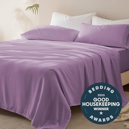 SLEEP ZONE Nanotex Super Soft Cooling King Bed Sheets Set 4 Piece - Easy Care Fitted Flat Sheet & Pillowcase Sets - Wrinkle Free, Fade Resistant, Deep Pocket 16" (Lavender, King)