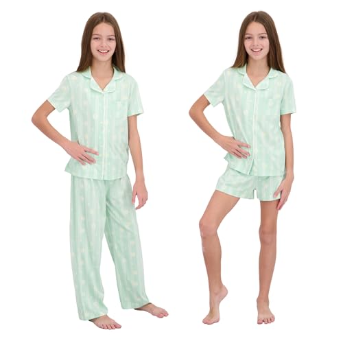 Image of US Angels Girls Pajama Set 3 Piece, Short Sleeve Button Down PJs with Shorts & Pants, Soft Sleepwear Girls & Tweens Size 5-16