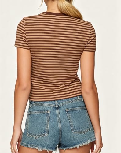 Striped Baby Tees for Women Teens Short Sleeve Crew Neck Slim Fit T-Shirts Y2k Vintage Aesthetic Shirt Tops(Brown,M) — view 2
