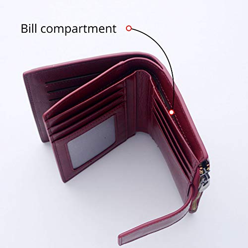Bveyzi Women's Small Leather RFID Blocking Bifold Zipper Pocket Wallet Ladies Credit Card Slots Purse with id Window
