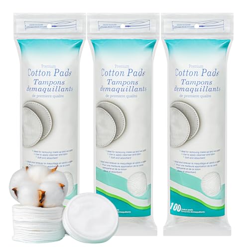 Premium Cotton Rounds for Face - Makeup Remover Pads, Hypoallergenic, Lint-Free | 100% Pure Cotton Pads for Face Cleansing, Applying Facial Toner & Nail Polish (3 PACK(300 Count))