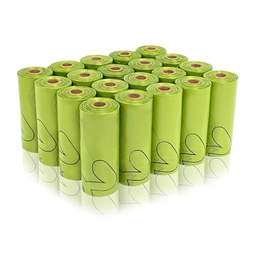 AiTodos® 300 Bolsas para Caca, PET Almidón de Maíz Mixto, Polietileno + Material de Almidón de Maíz Bolsas para Caca Semibiodegradables - 31 x 23 cm - Verde (20 Rollos, 15 Paquetes Cada Uno)