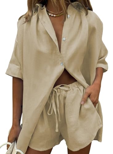 Image of Fixmatti Women 2 Piece Outfits Long Sleeve Button Down Blouse and Shorts Sweatsuit Sets