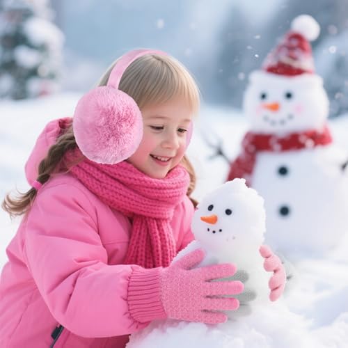 8 Pcs Kids Winter Earmuffs Kid Magic Gloves Set, Plush Earmuffs and Gloves for Toddler Baby Girls 5-12 Years Old Winter Ear Warmer Set (Black+White+Gray+Pink)3