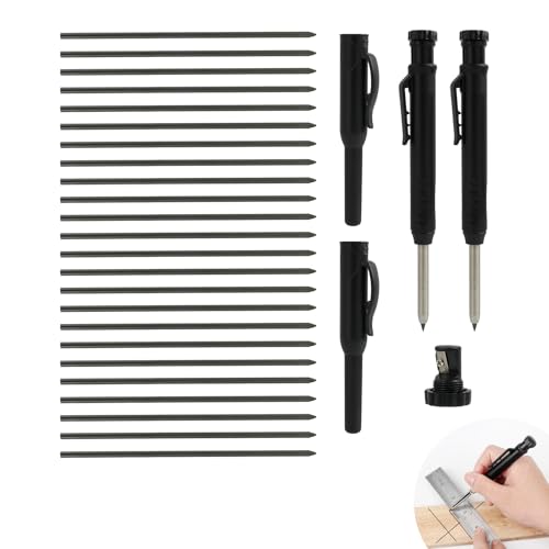 2 PCS Crayons de Charpentier Solides, Crayon de Chantier Noir, crayon menuisier professionnel, avec 24 Mines de 2.8 mm, Taille-Crayon Intégré pour Marquage sur Bois,...