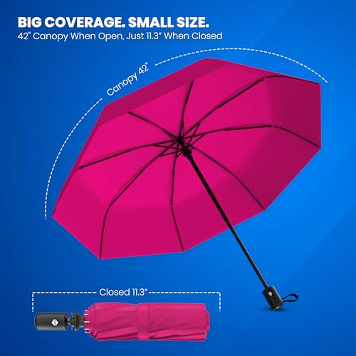 Rain-Mate Windproof Compact Umbrellas for Rain - Strong Reinforced Fiberglass Rib Design & Auto Open & Close - Portable Folding Travel Umbrella - Lightweight & Packable for Women & Men, Easy Collapse