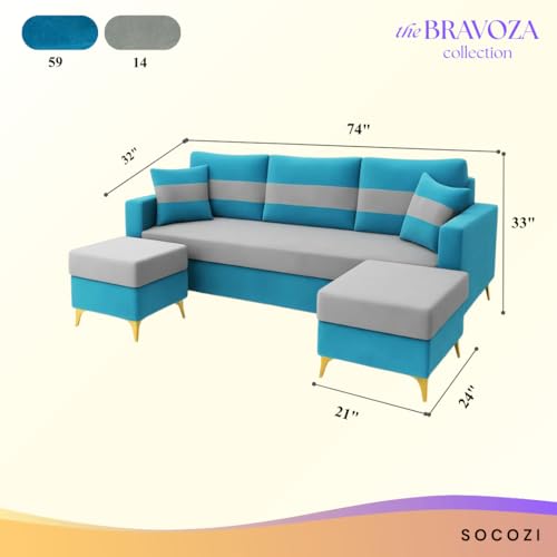Image of SOCOZI Bastian 5 Seater L Shape Sofa Set with 2 Movable Ottomans | Flexible Layout | Soft Velvet Suede Fabric|Modern Sofa | Plush Comfort Cushions for Living Room (Teal Blue-Light Grey) | Breathable Material