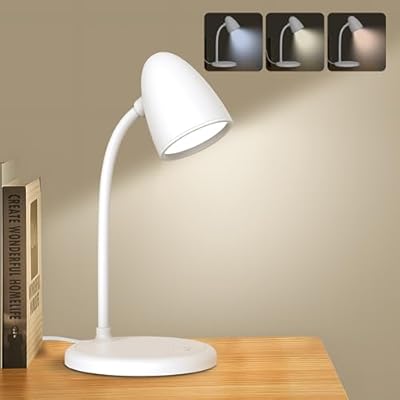 RORENSE LED Desk Lamp for Home Office,3 Light Colors,Flexible Gooseneck Table Lamp,Dimmable Reading Light for Bedside Small Desk Lamp for College Dorm Room,Bedroom Desk Light,White
